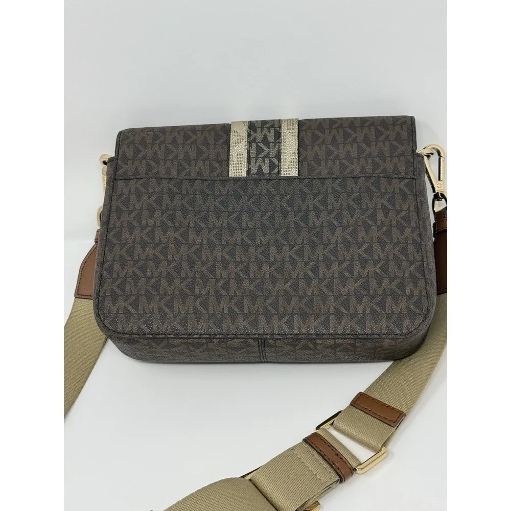 MICHAEL KORS SLOAN EDITOR BROWN MK MEDIUM FLAP CENTER STRIPE MESSENGER BAG